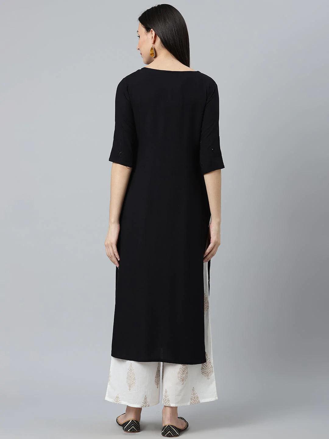 Black Embroidered Rayon Kurta