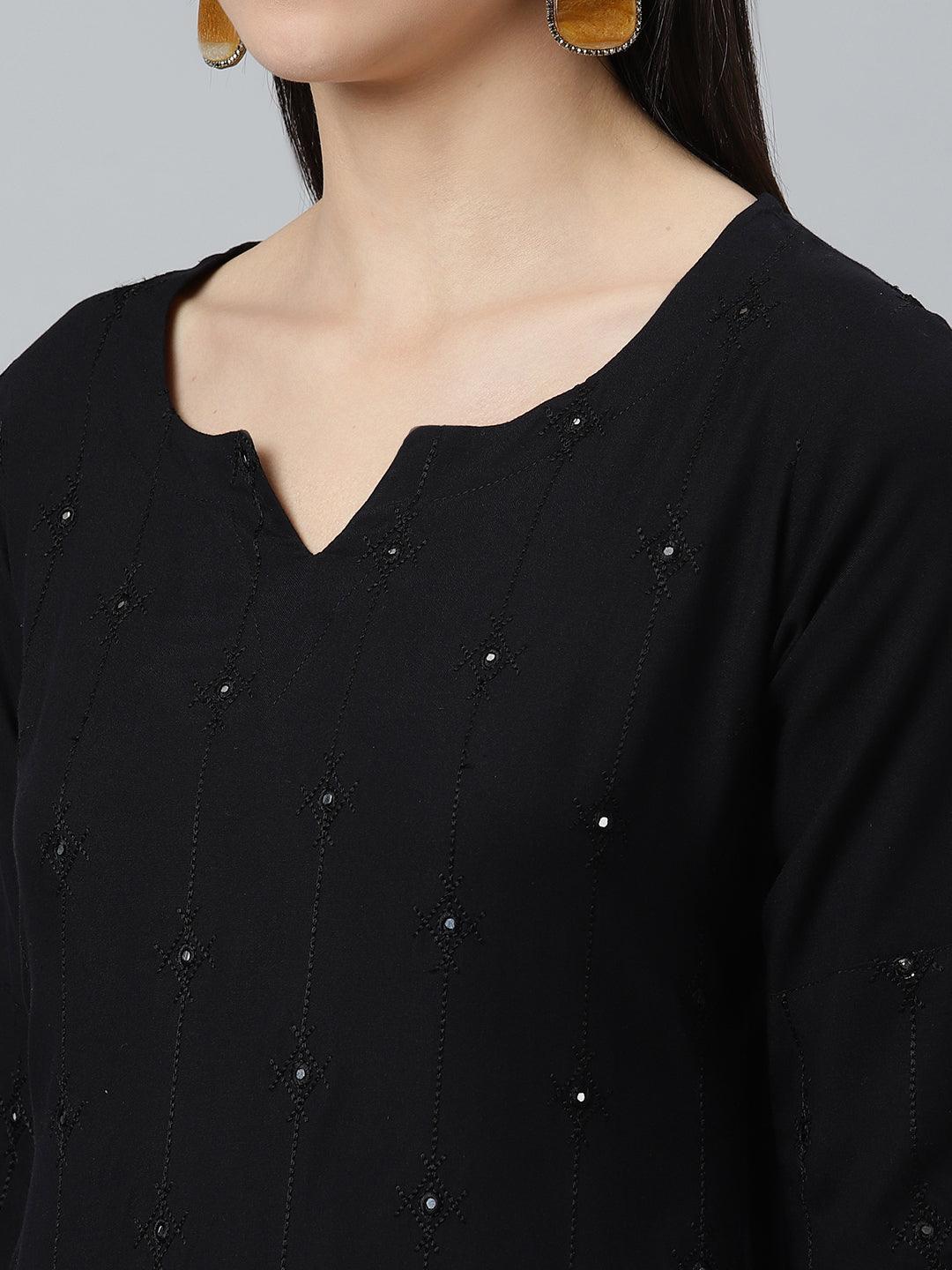 Black Embroidered Rayon Kurta