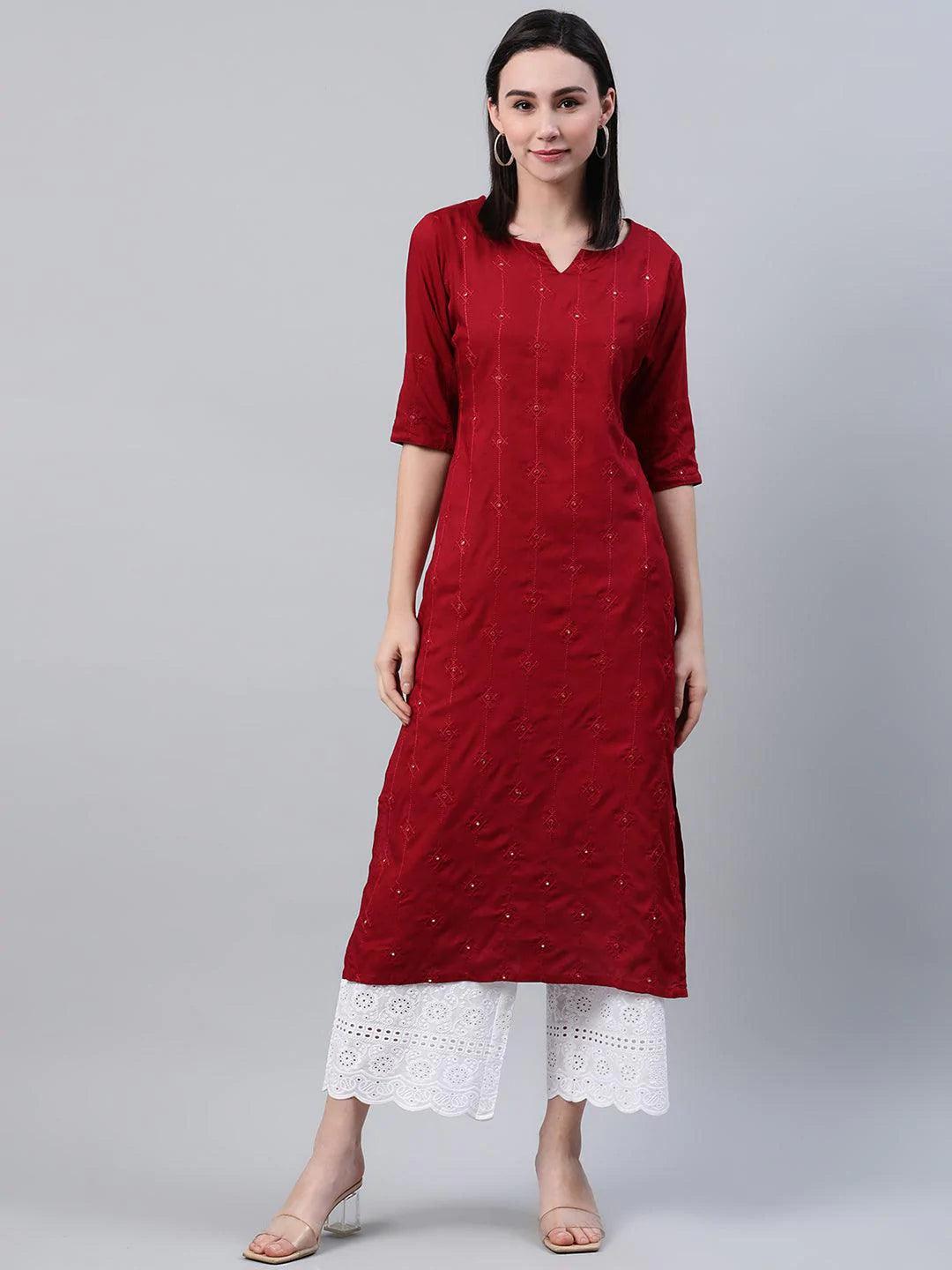 Maroon Embroidered Rayon Kurta - ShopLibas