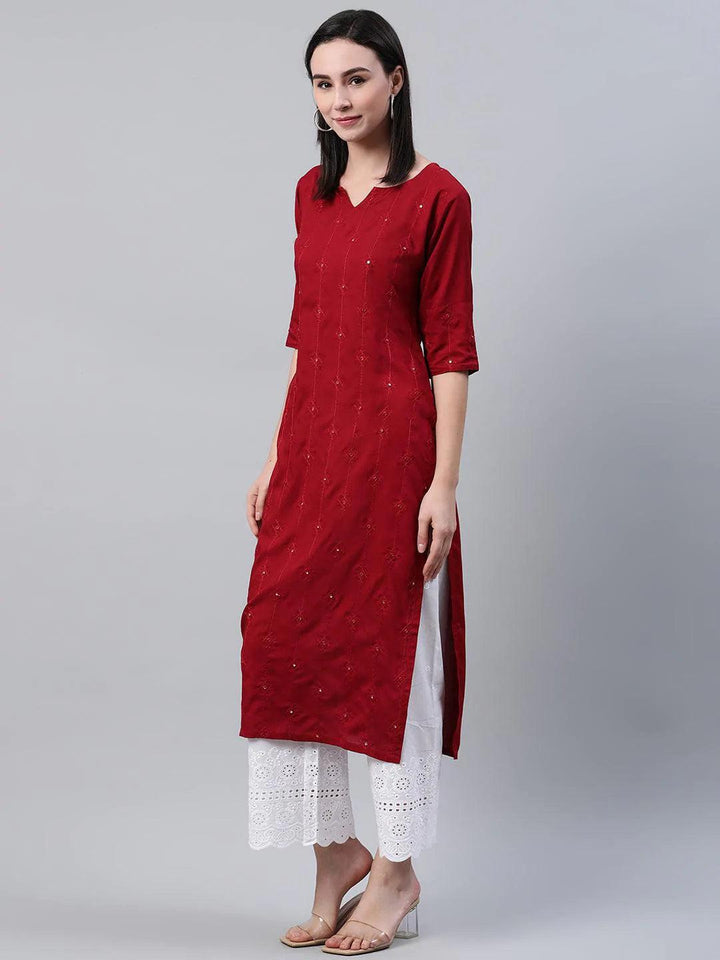 Maroon Embroidered Rayon Kurta - ShopLibas