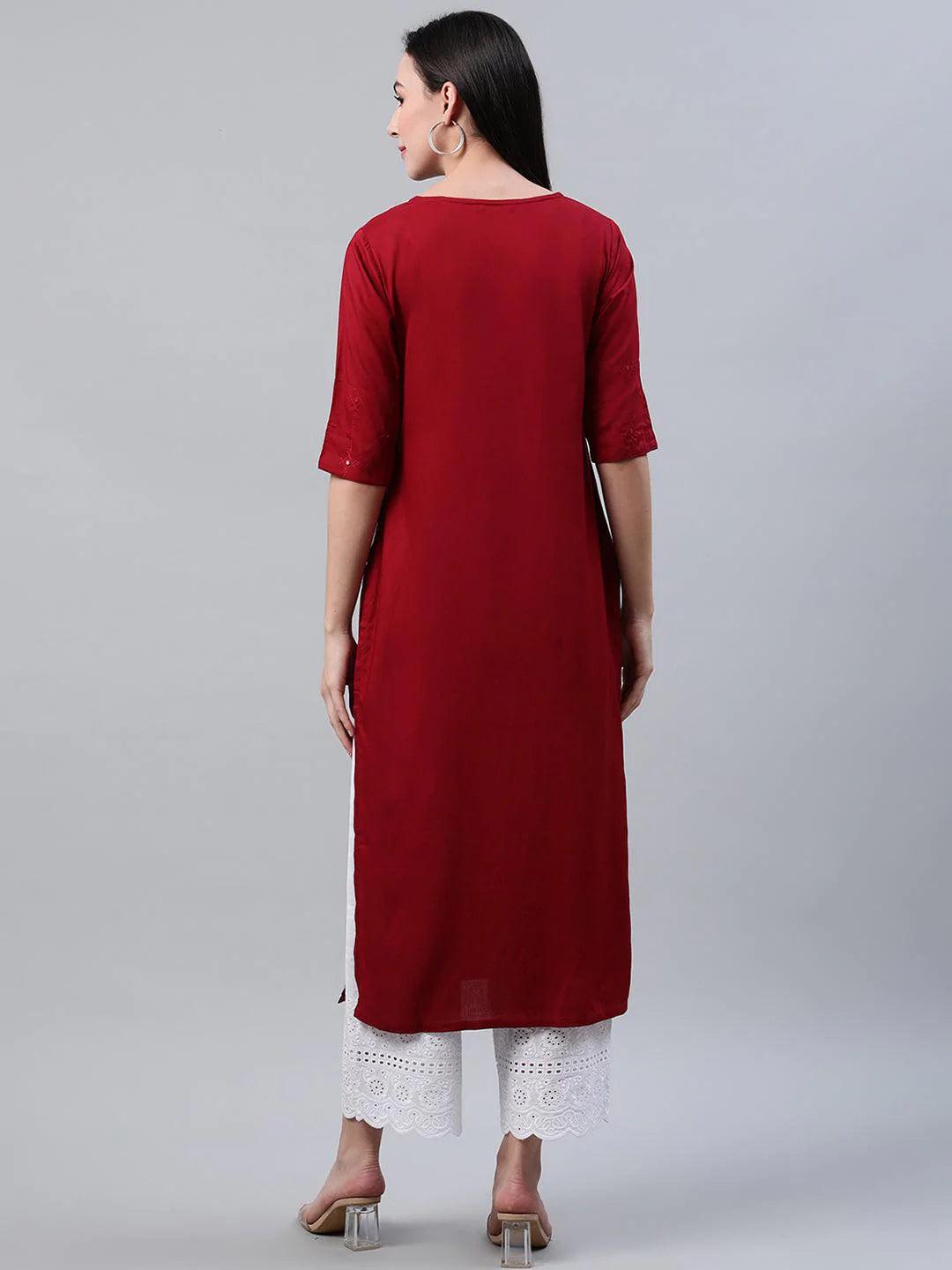 Maroon Embroidered Rayon Kurta - ShopLibas