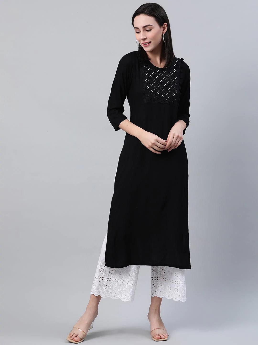 Black Embroidered Rayon Kurta