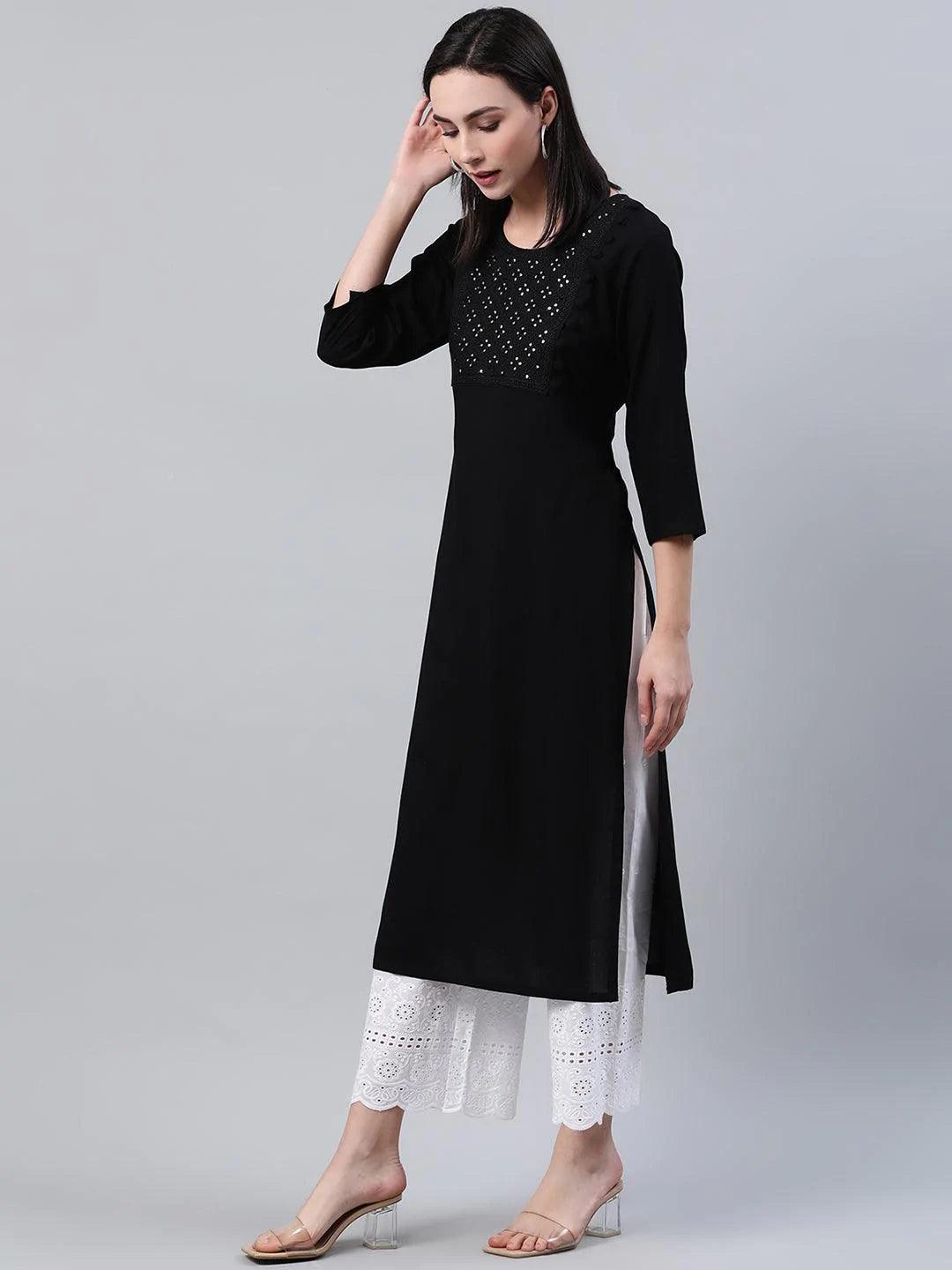 Black Embroidered Rayon Kurta