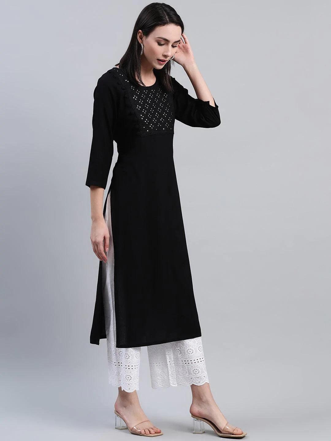 Black Embroidered Rayon Kurta