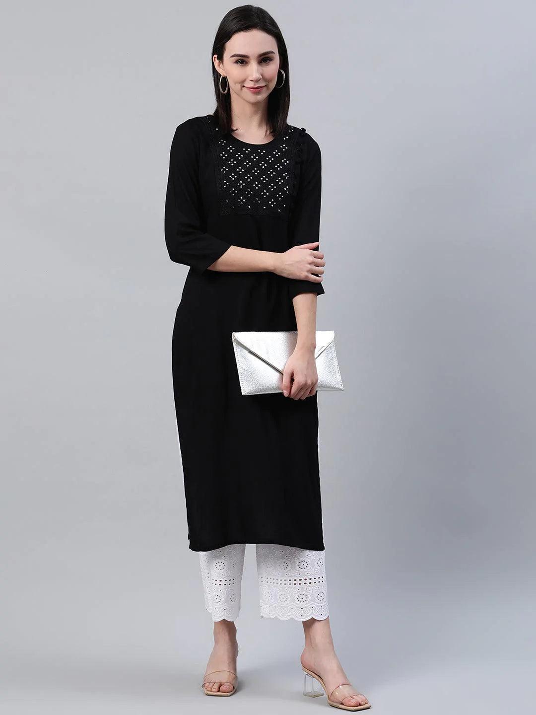 Black Embroidered Rayon Kurta