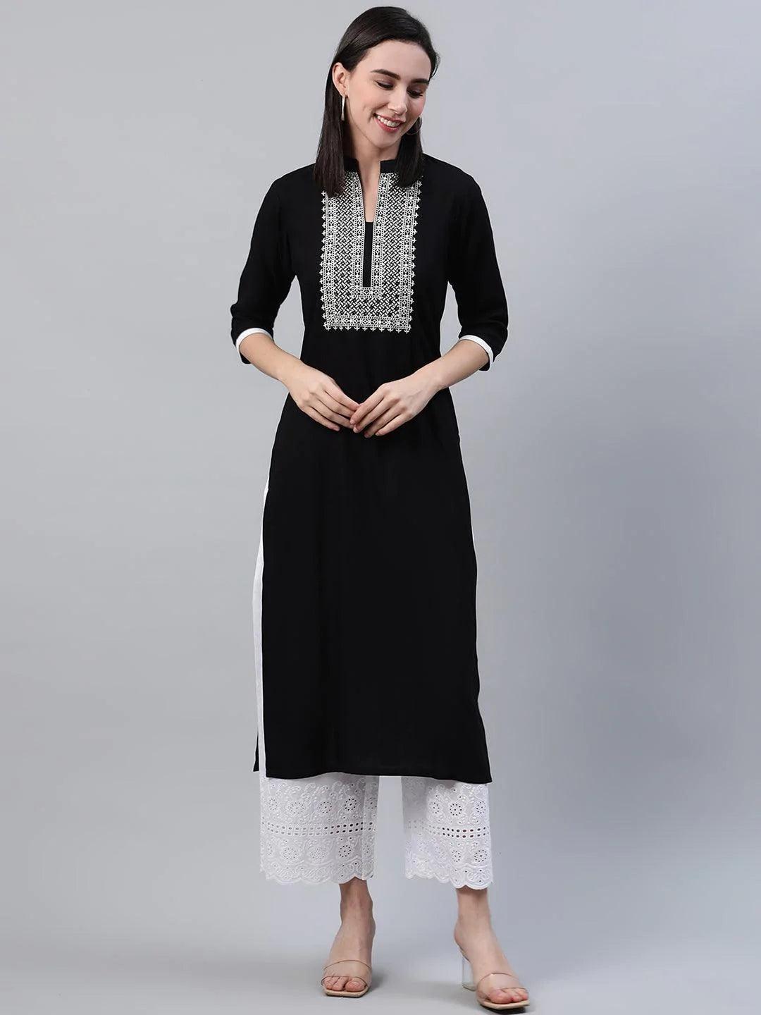 Black Embroidered Rayon Kurta