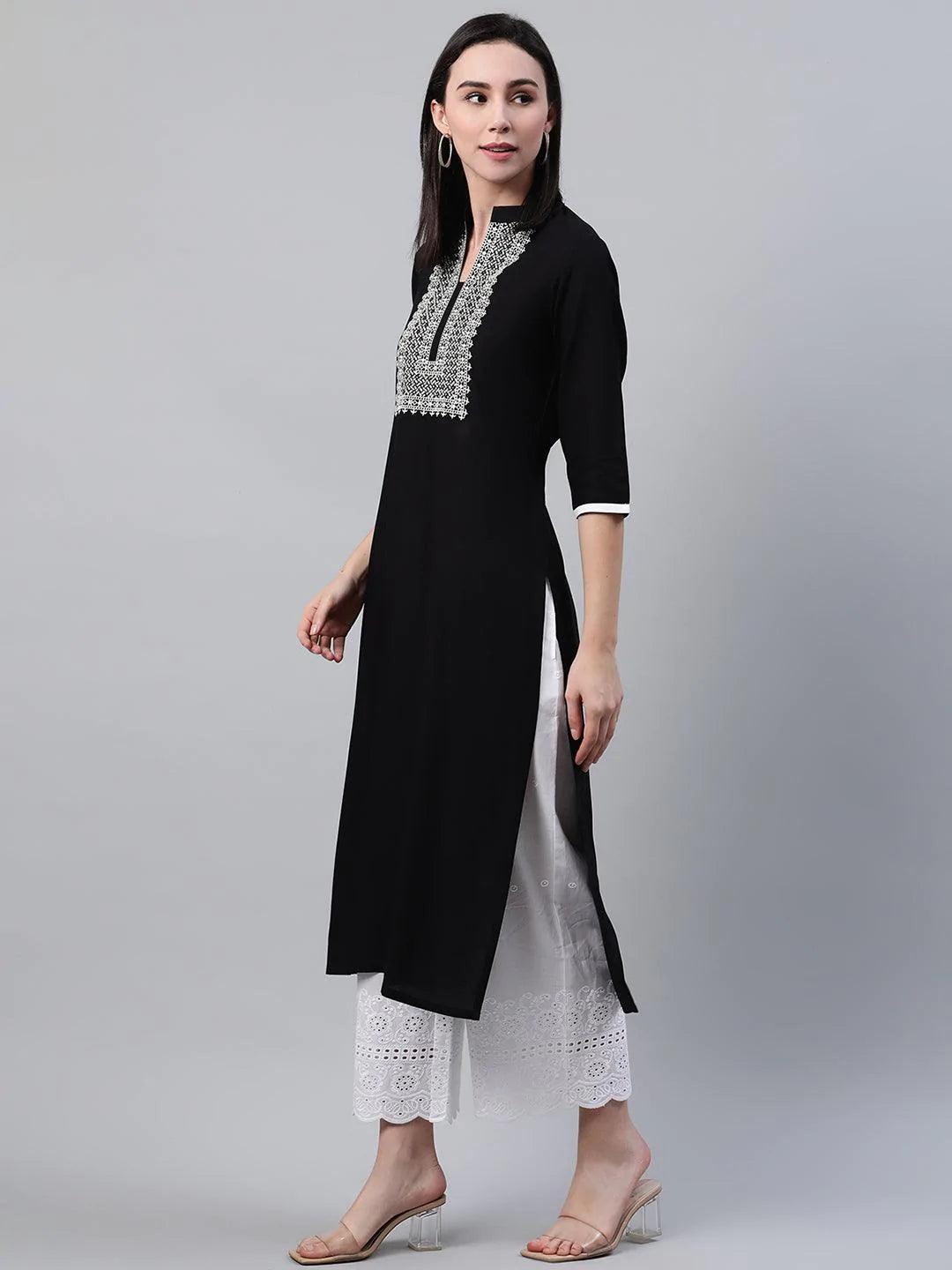 Black Embroidered Rayon Kurta