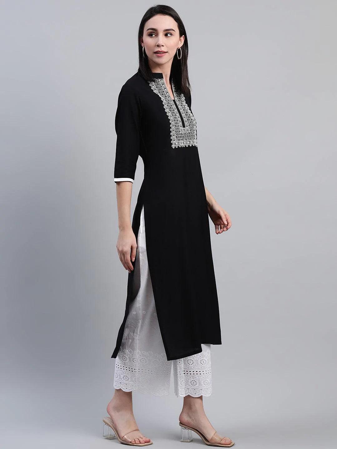 Black Embroidered Rayon Kurta