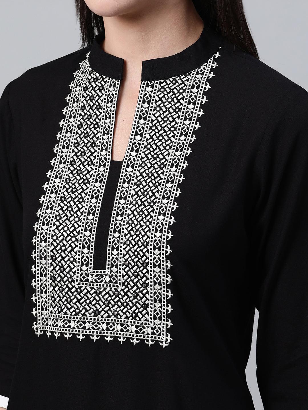 Black Embroidered Rayon Kurta