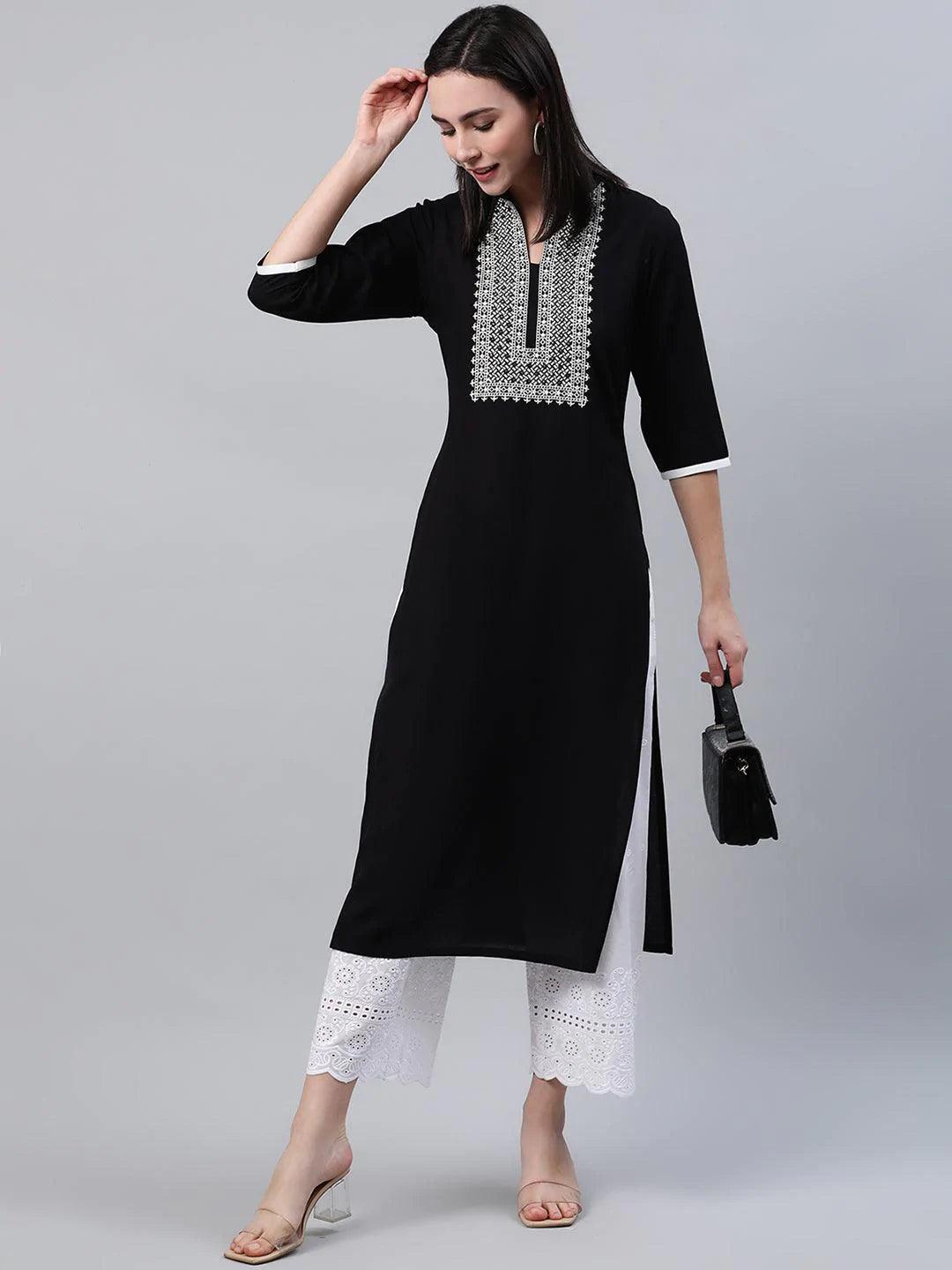 Black Embroidered Rayon Kurta