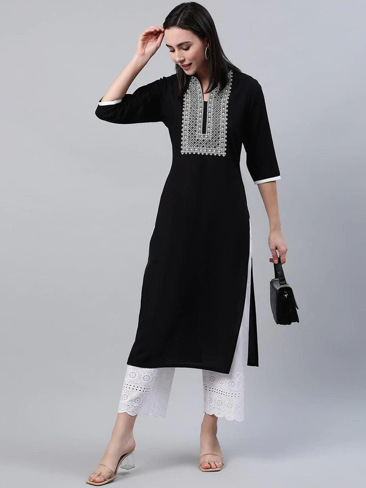 Black Embroidered Rayon Kurta - ShopLibas