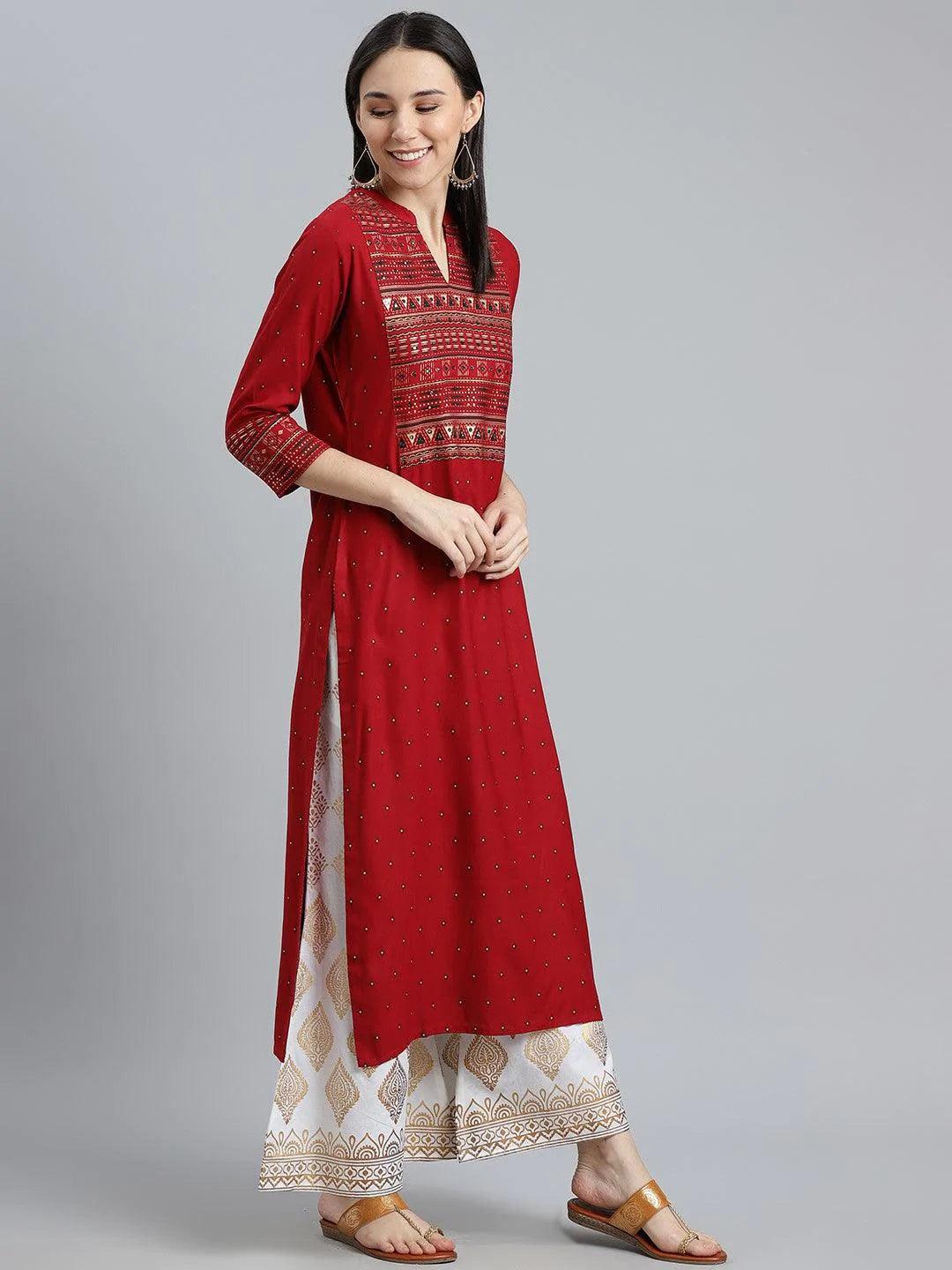 Maroon Printed Rayon Kurta - ShopLibas