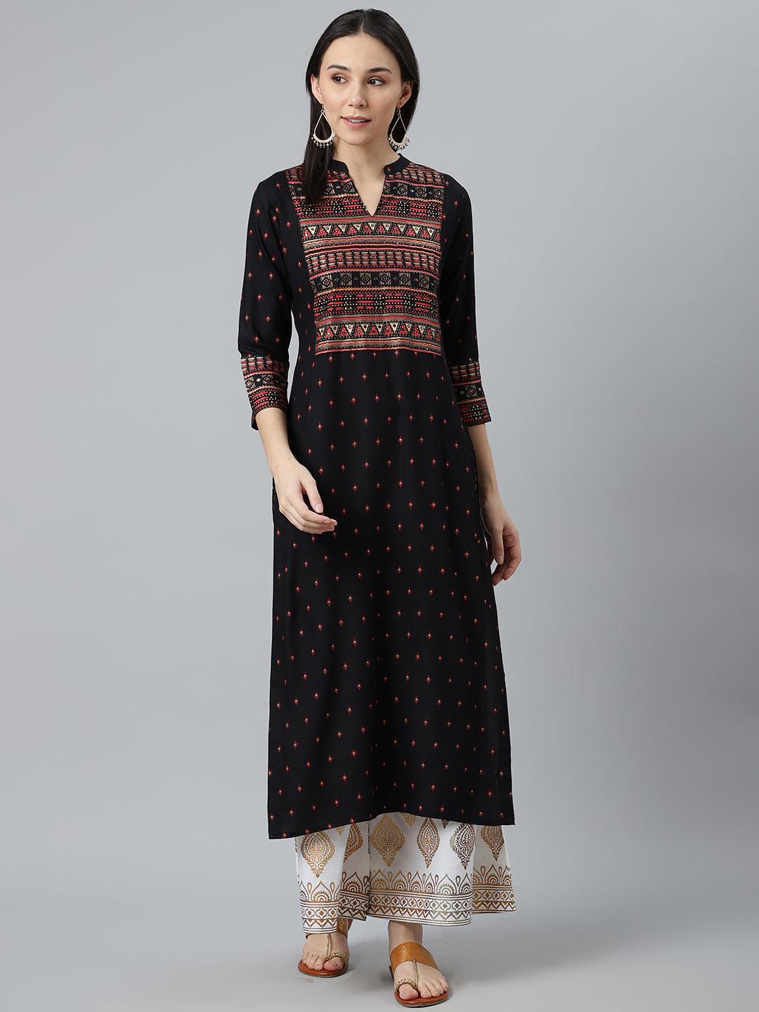 Black Printed Rayon Kurta