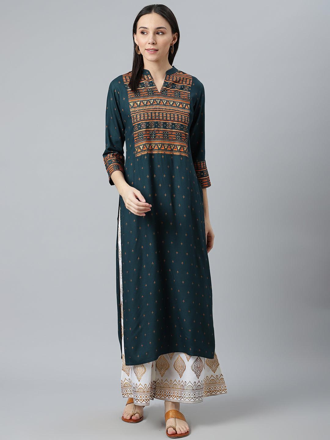 Teal Blue Printed Rayon Kurta