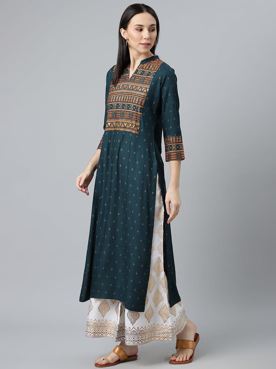 Teal Blue Printed Rayon Kurta