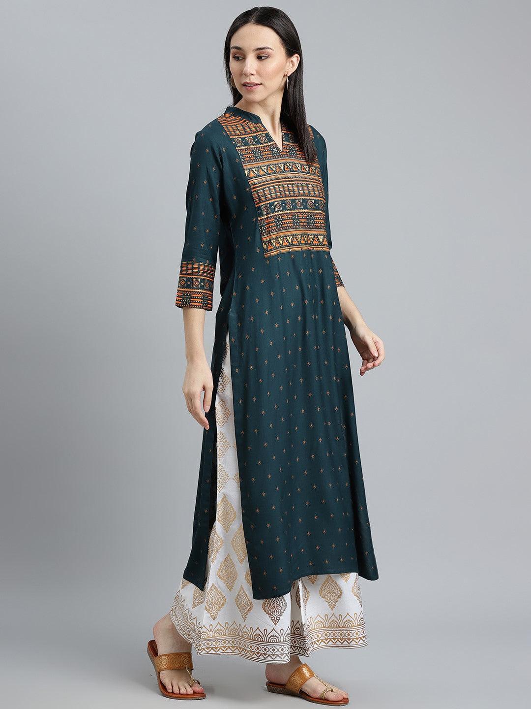 Teal Blue Printed Rayon Kurta