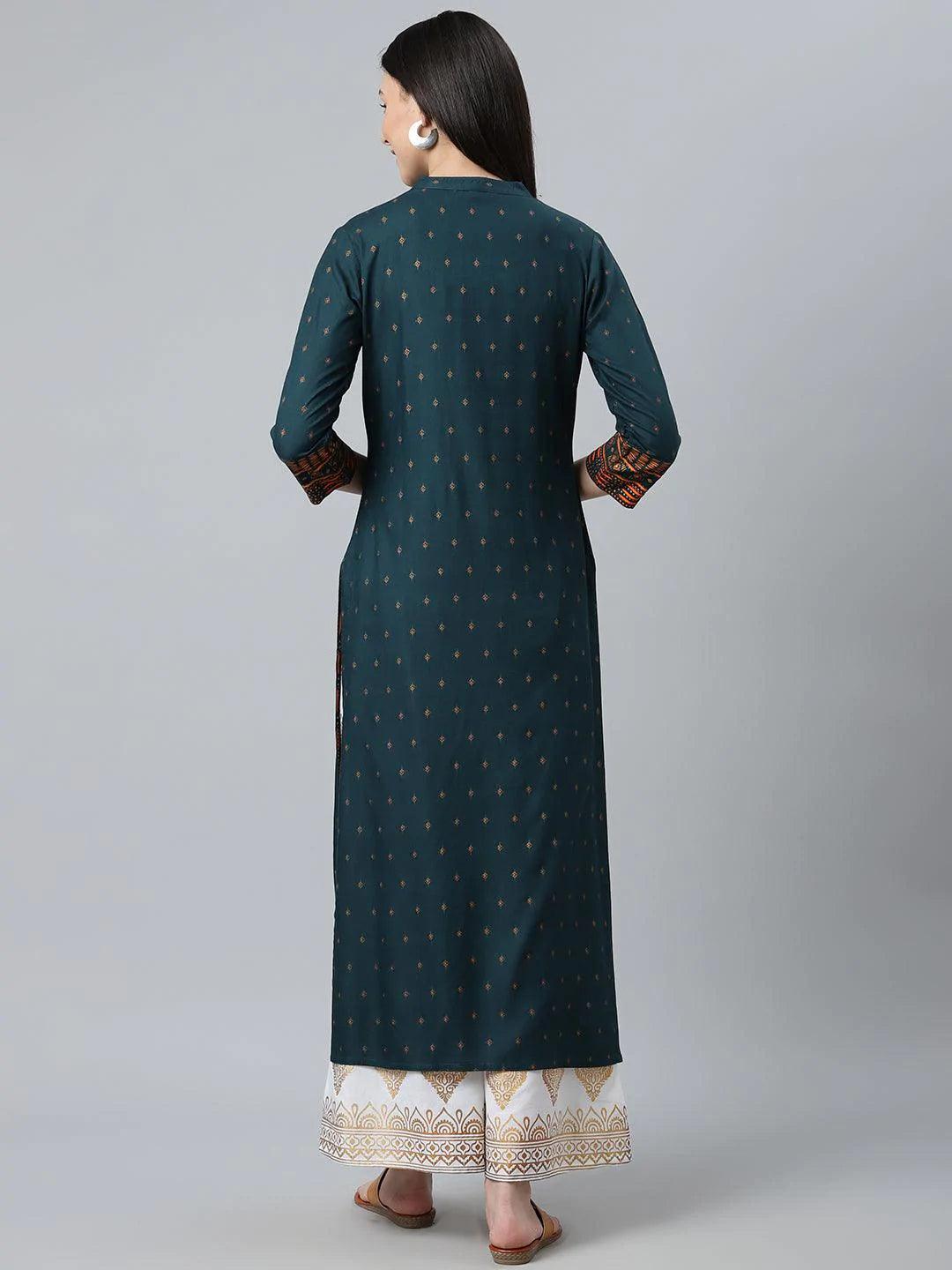 Teal Blue Printed Rayon Kurta