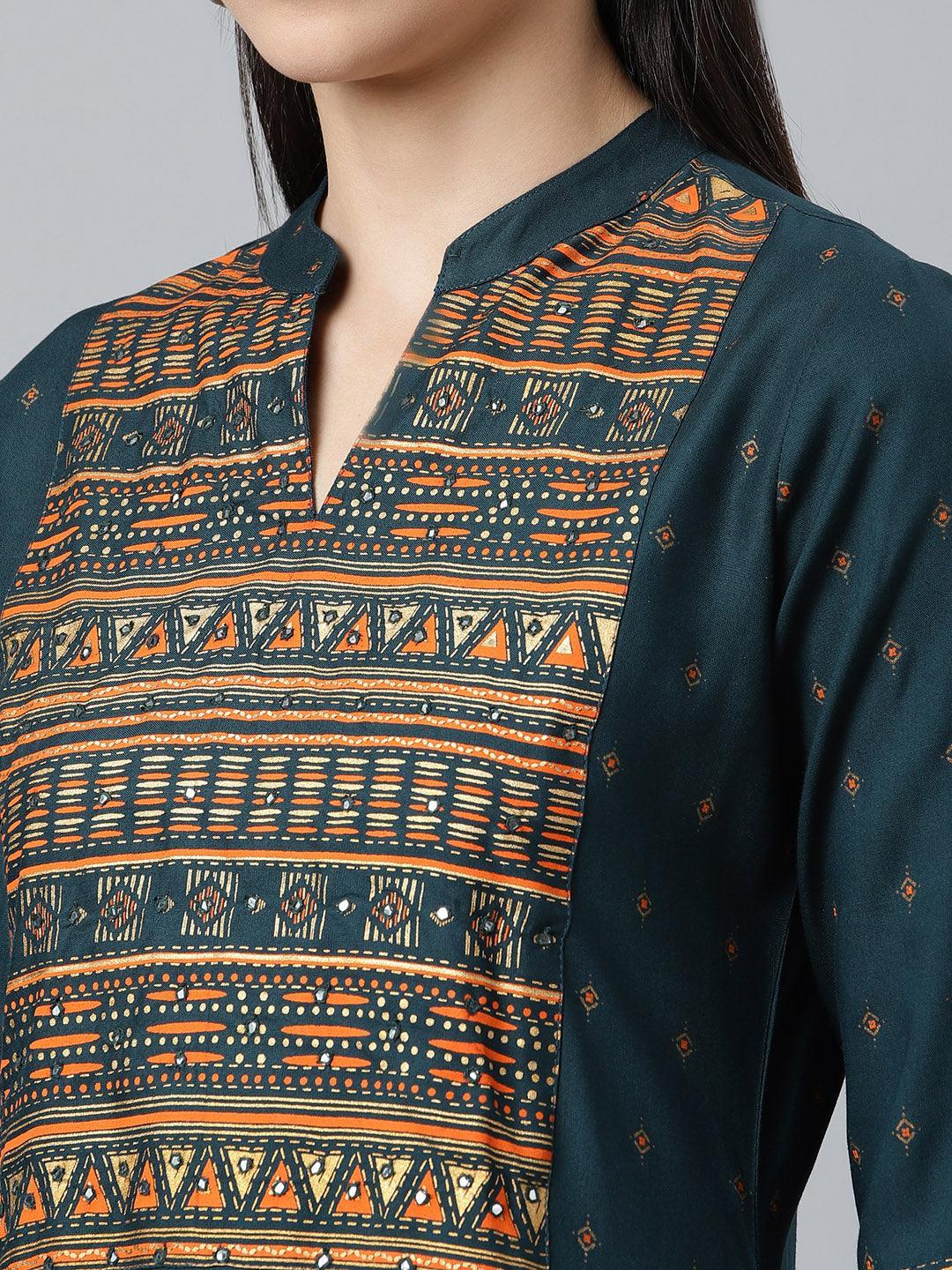 Teal Blue Printed Rayon Kurta