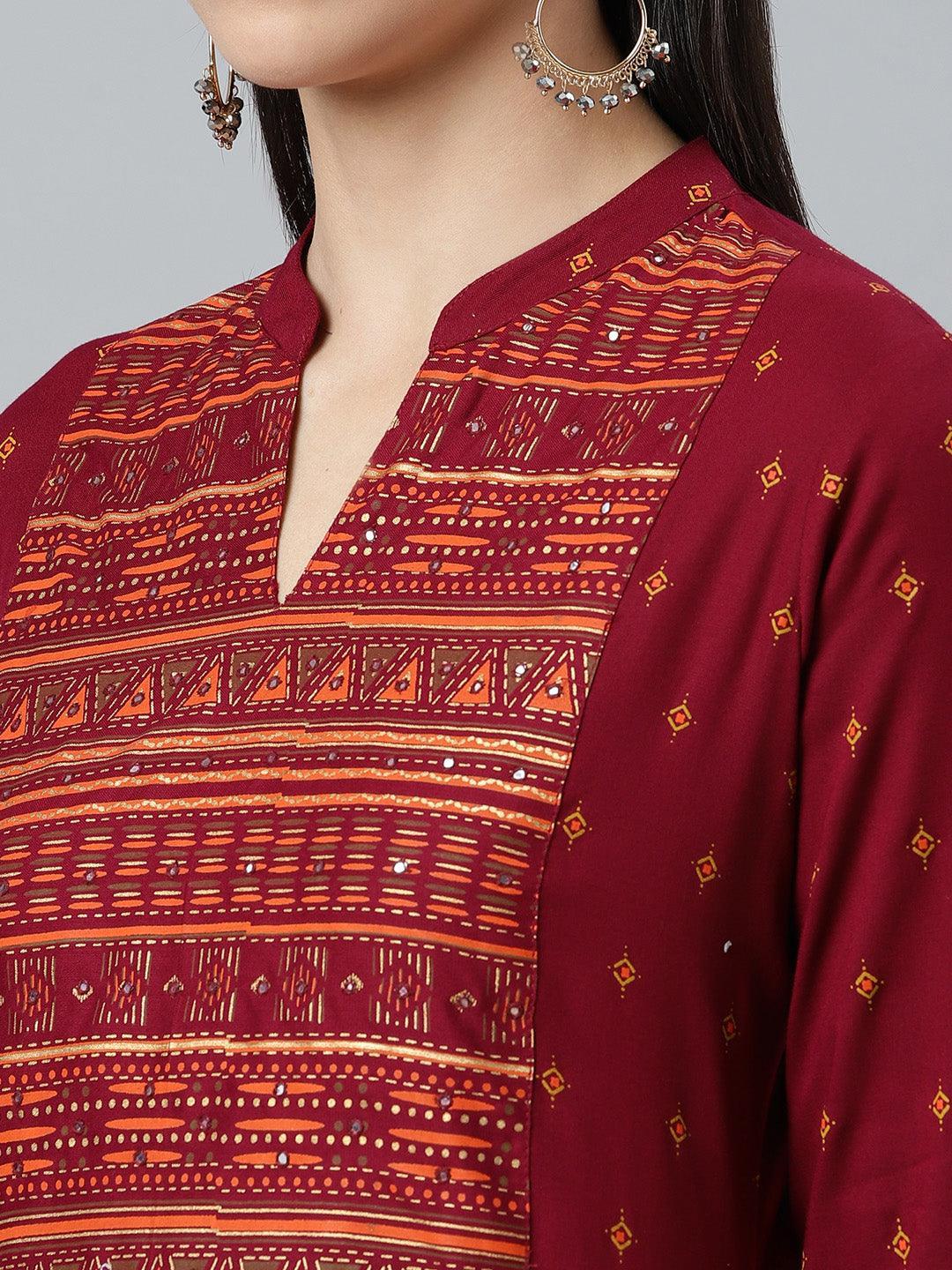 Maroon Printed Rayon Kurta - ShopLibas