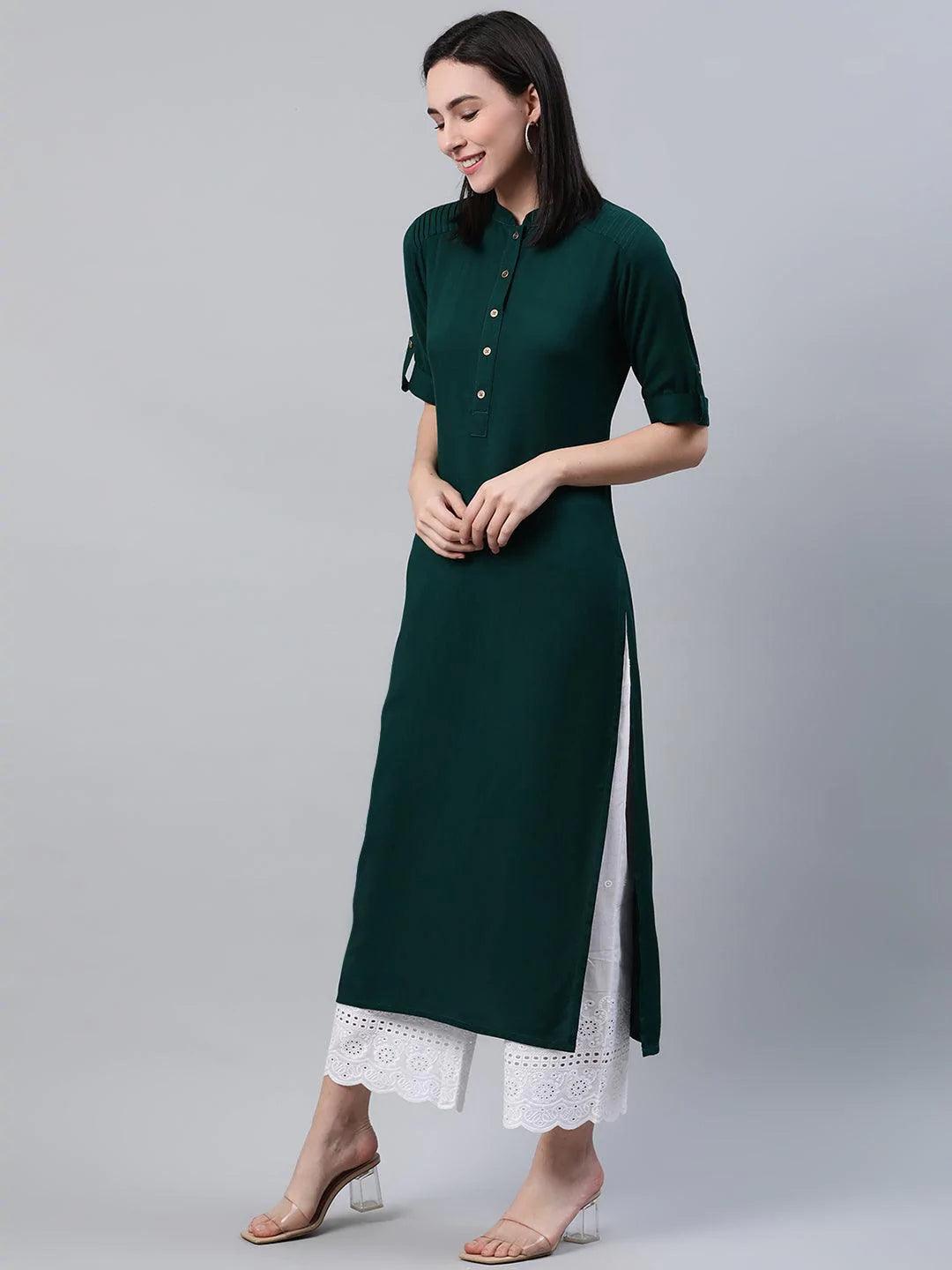 Green Solid Rayon Kurta - ShopLibas