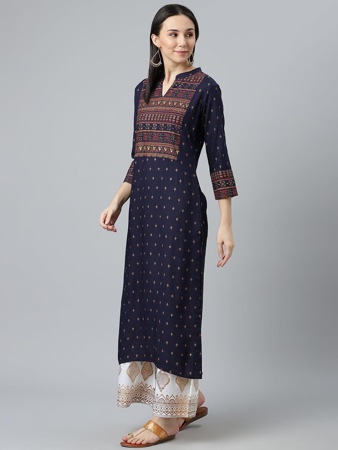 Blue Printed Rayon Kurta - ShopLibas