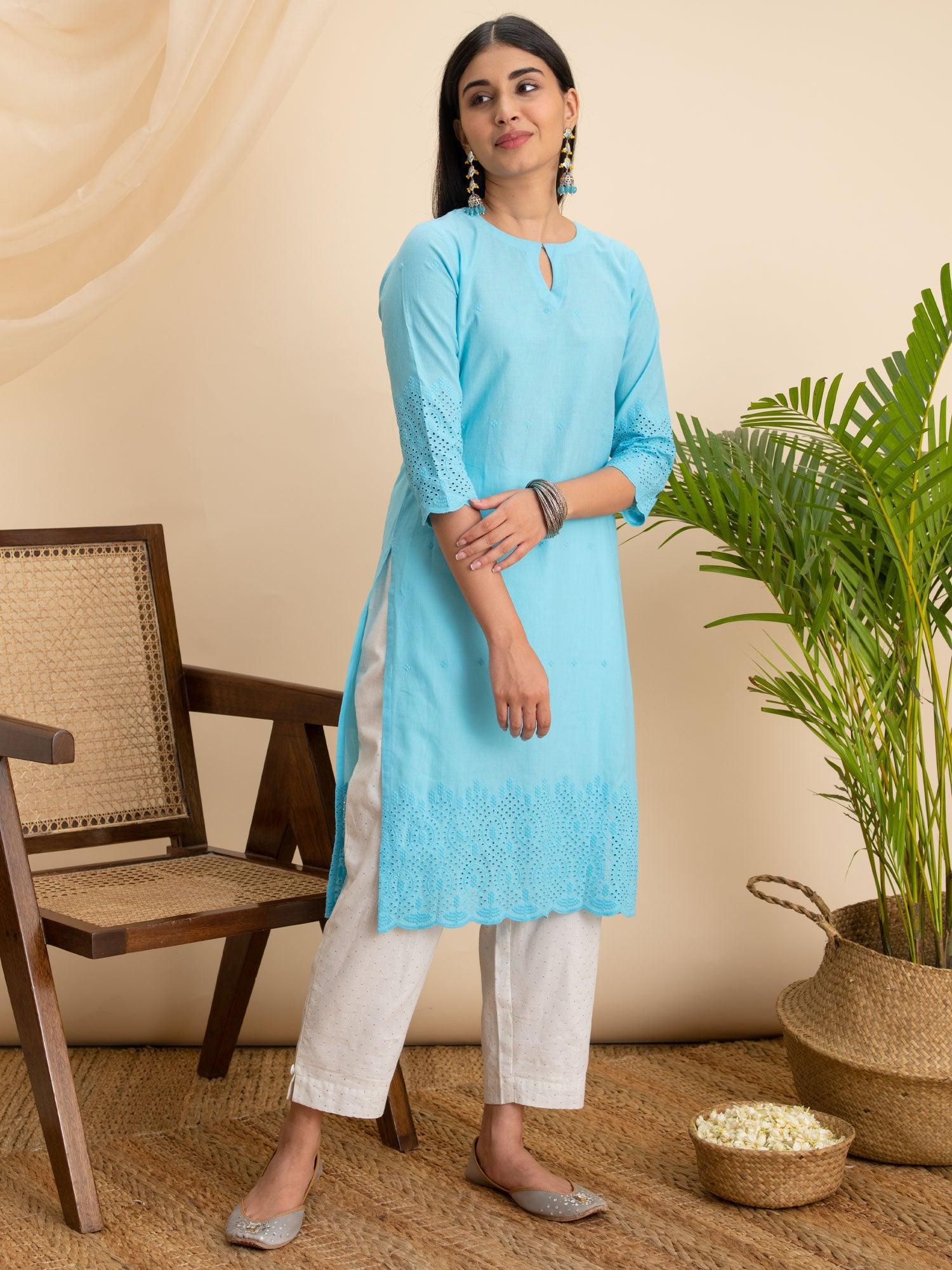 Blue Embroidered Cotton Kurta