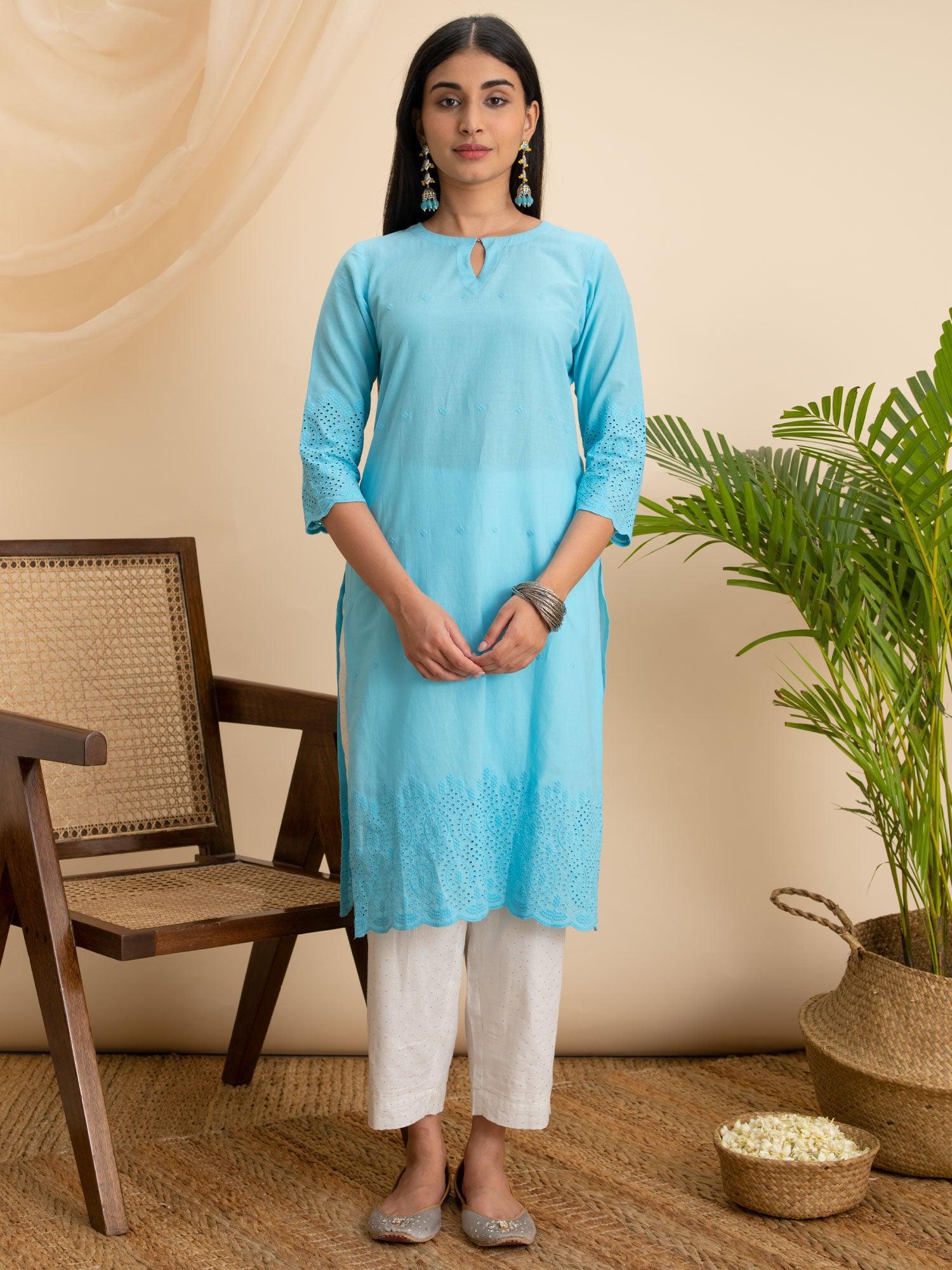 Blue Embroidered Cotton Kurta