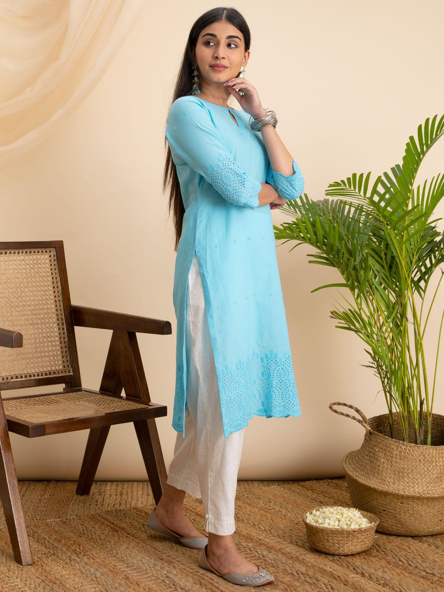 Blue Embroidered Cotton Kurta