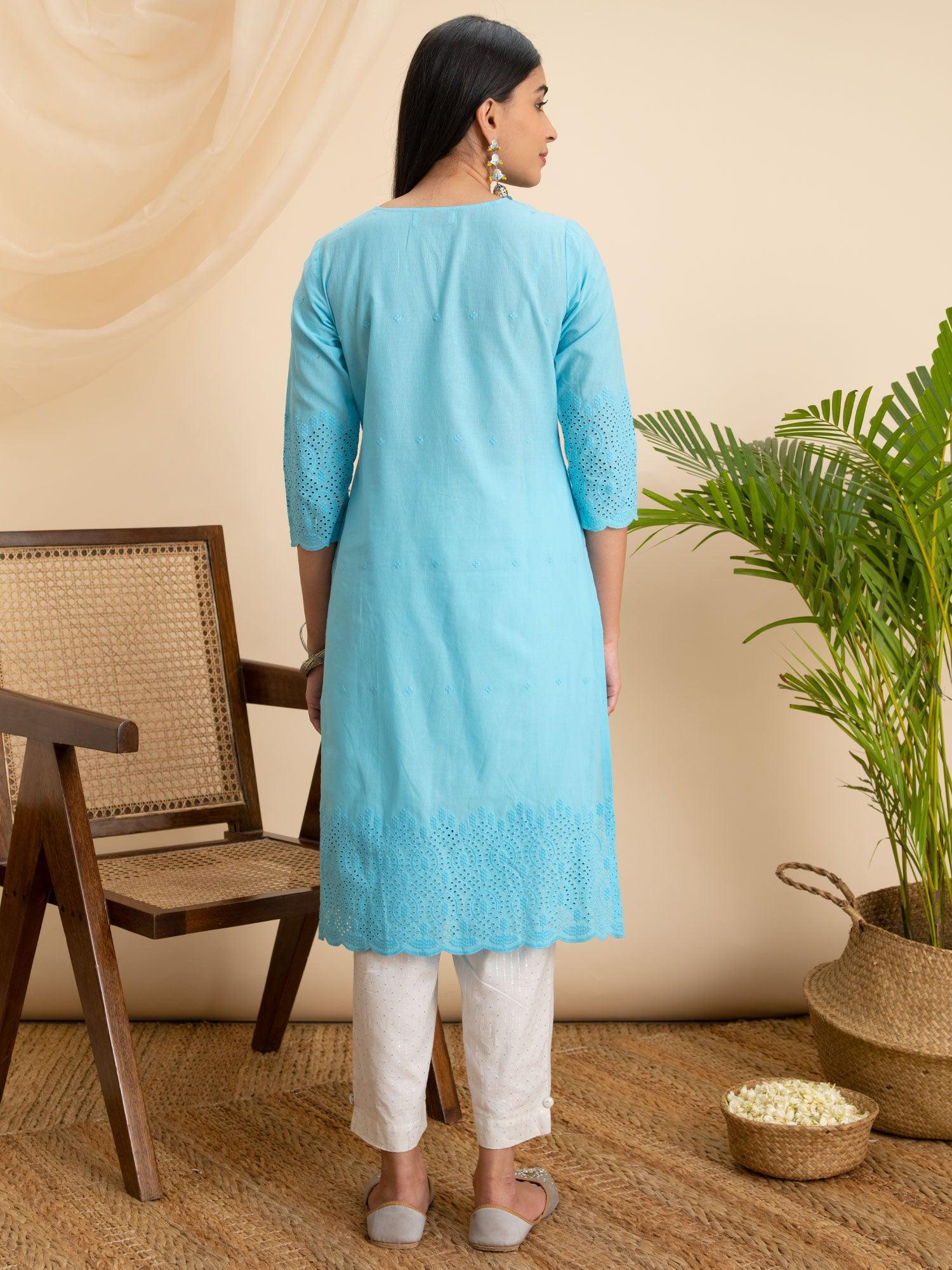 Blue Embroidered Cotton Kurta