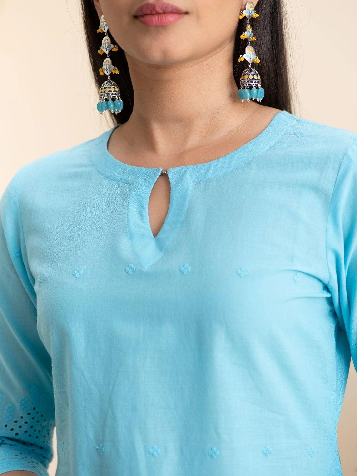 Blue Embroidered Cotton Kurta