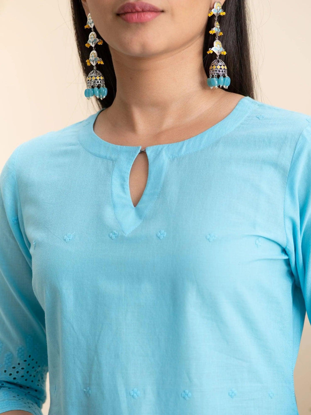 Blue Embroidered Cotton Kurta - ShopLibas