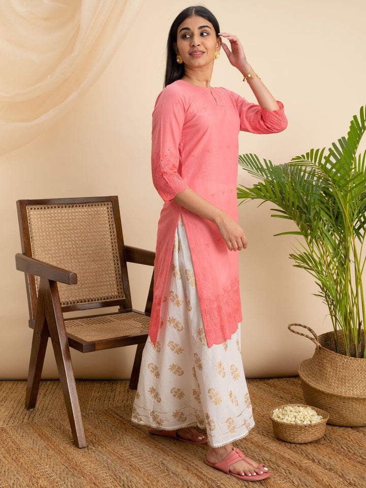 Pink Embroidered Cotton Kurta - ShopLibas