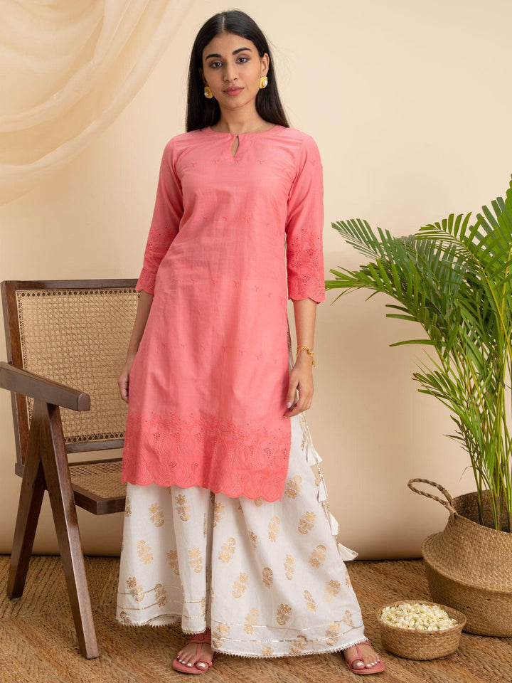 Pink Embroidered Cotton Kurta - ShopLibas