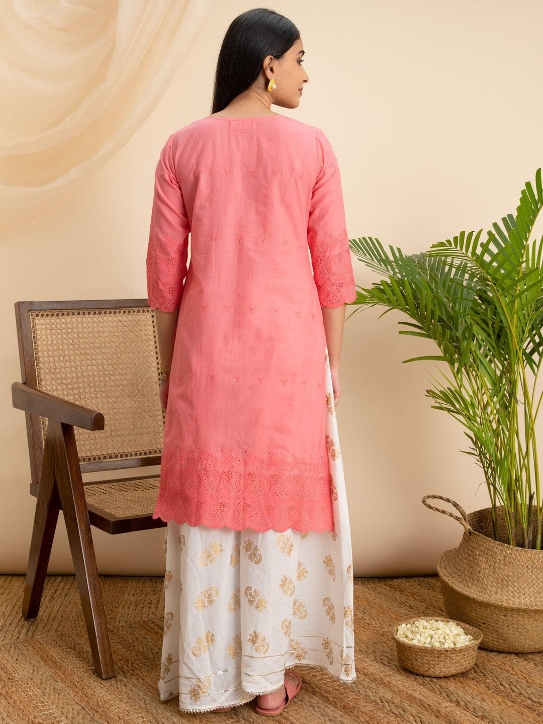 Pink Embroidered Cotton Kurta - ShopLibas