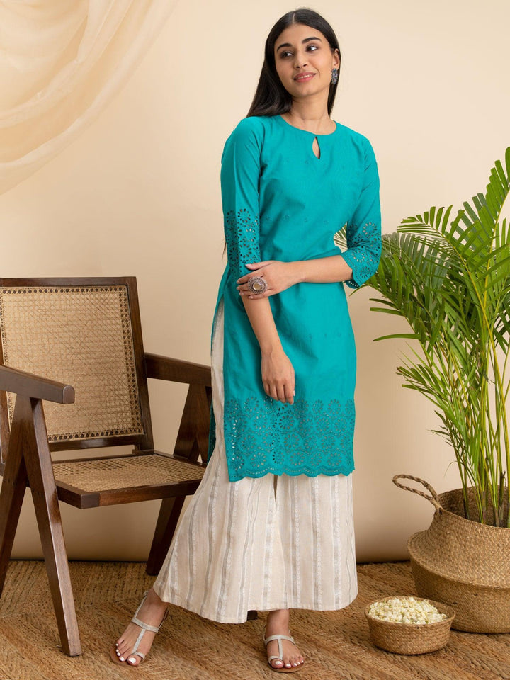 Teal Blue Embroidered Cotton Kurta - ShopLibas