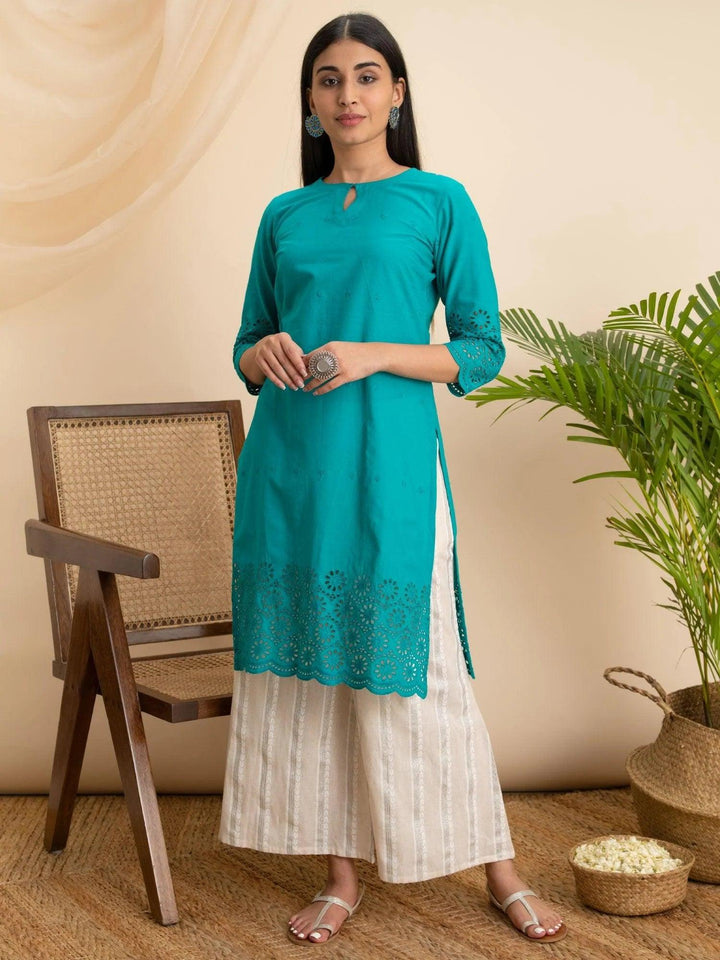 Teal Blue Embroidered Cotton Kurta - ShopLibas