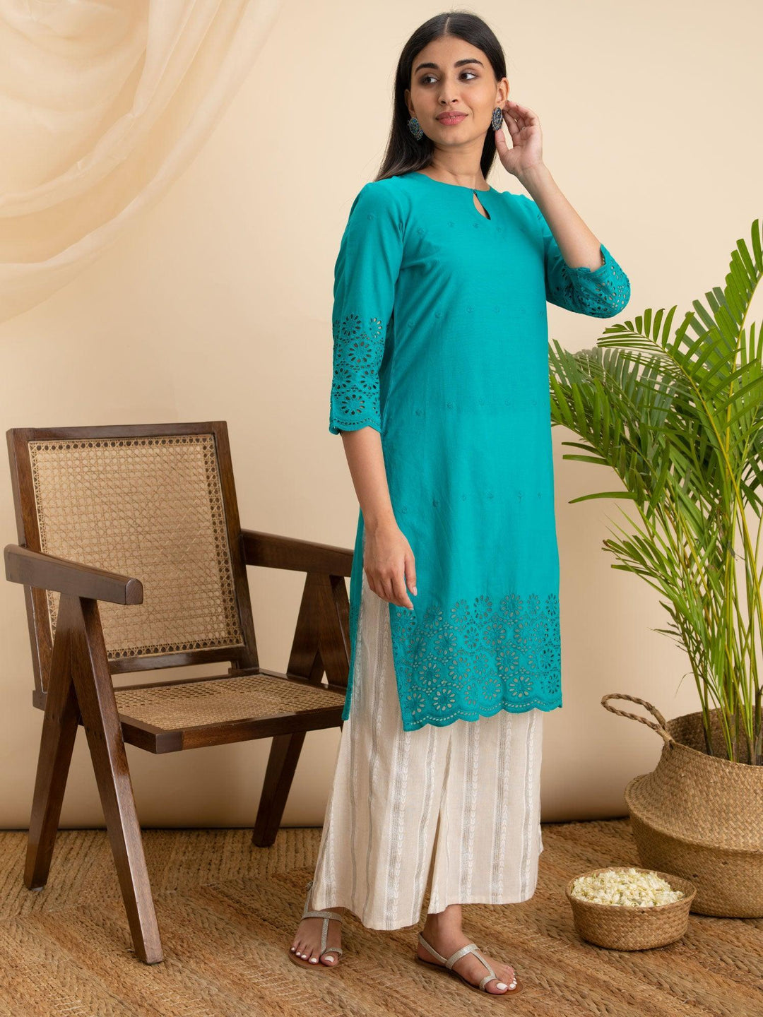 Teal Blue Embroidered Cotton Kurta - ShopLibas