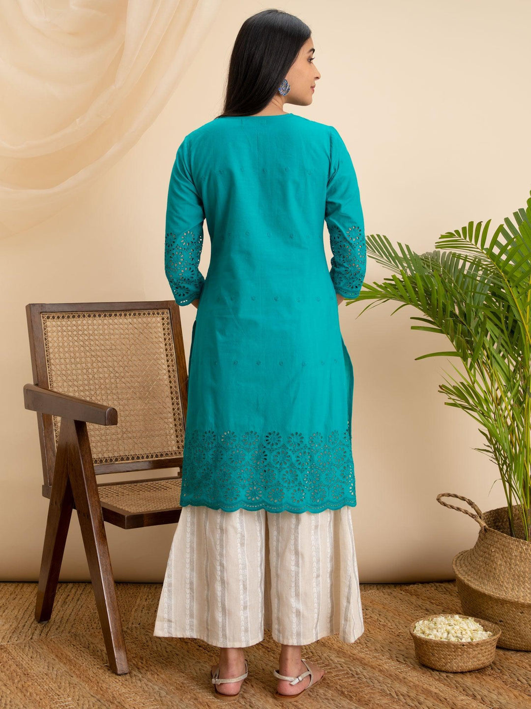 Teal Blue Embroidered Cotton Kurta - ShopLibas