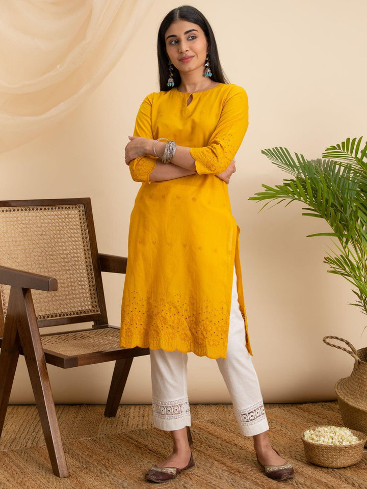 Yellow Embroidered Cotton Kurta - ShopLibas