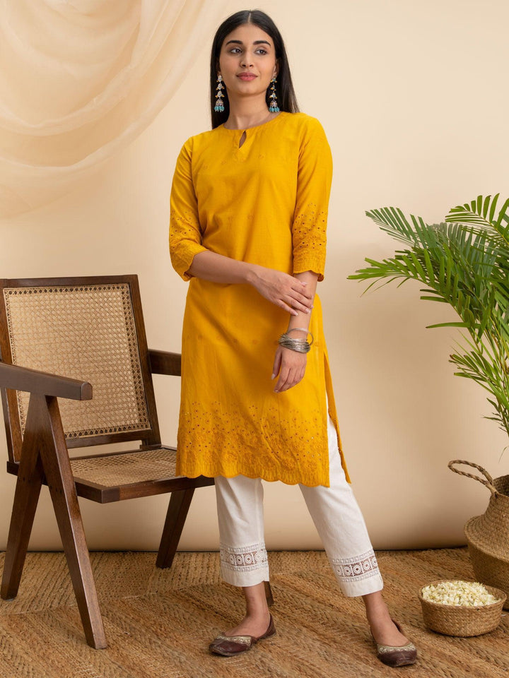 Yellow Embroidered Cotton Kurta - ShopLibas