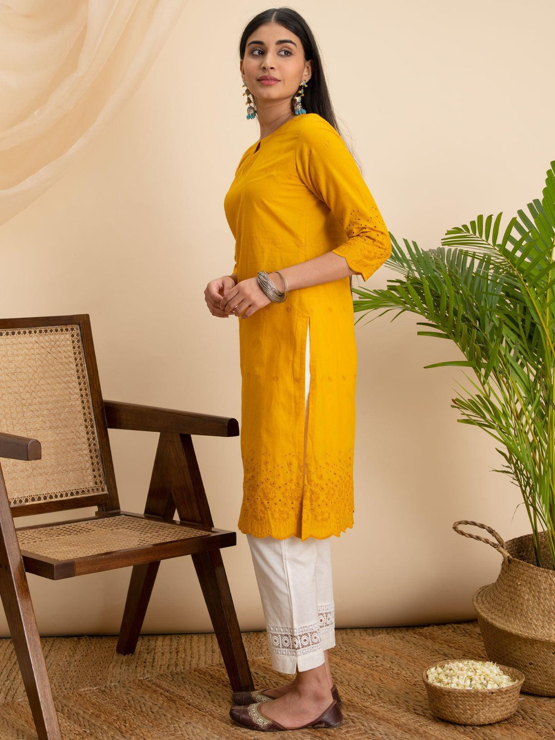 Yellow Embroidered Cotton Kurta - ShopLibas