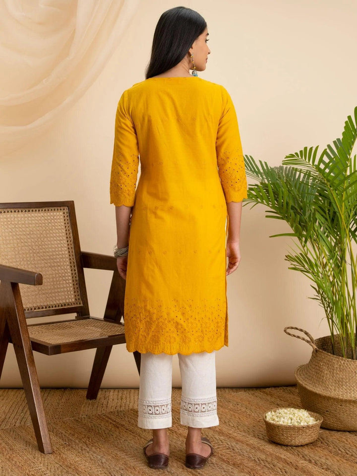 Yellow Embroidered Cotton Kurta - ShopLibas