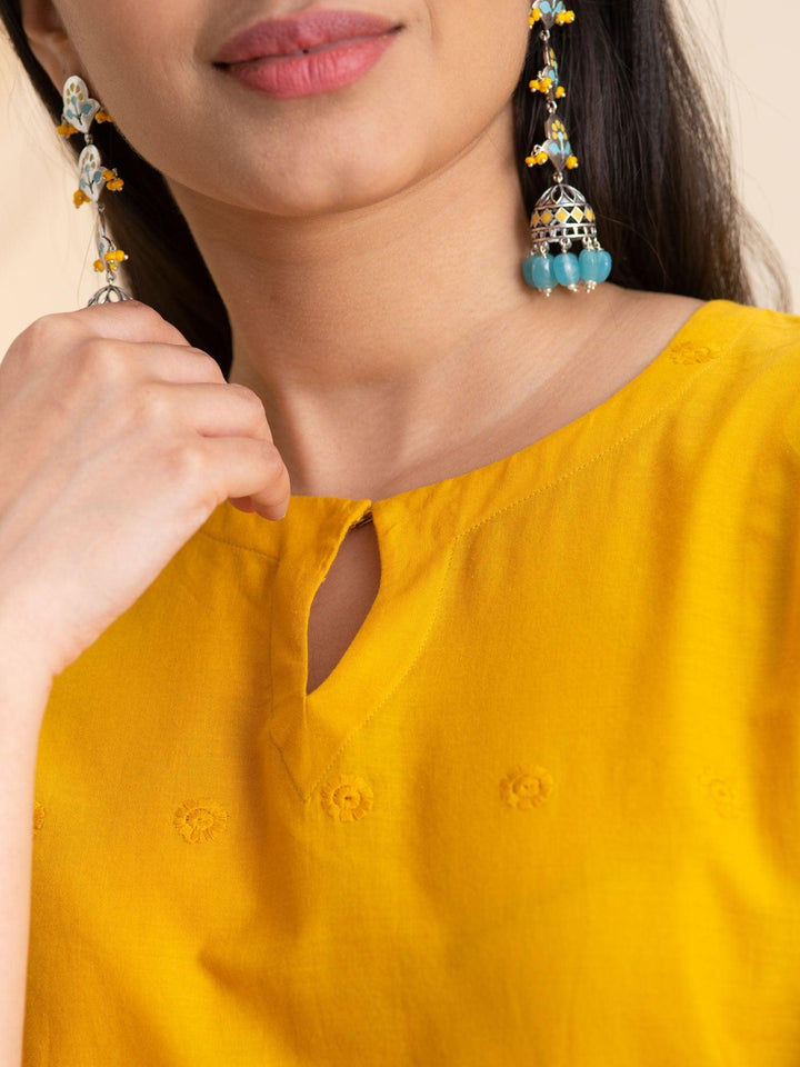 Yellow Embroidered Cotton Kurta - ShopLibas