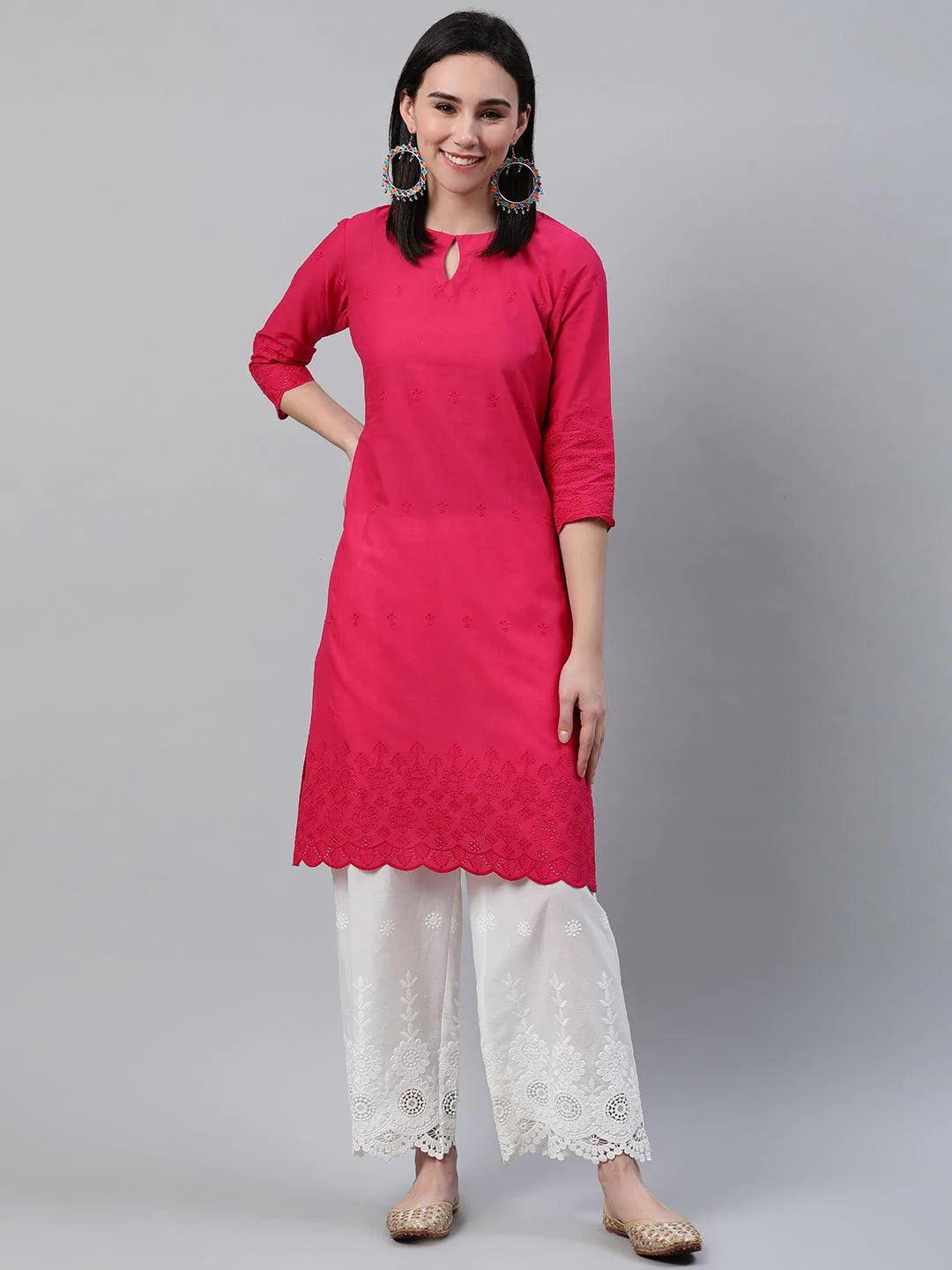 Pink Embroidered Cotton Kurta - ShopLibas