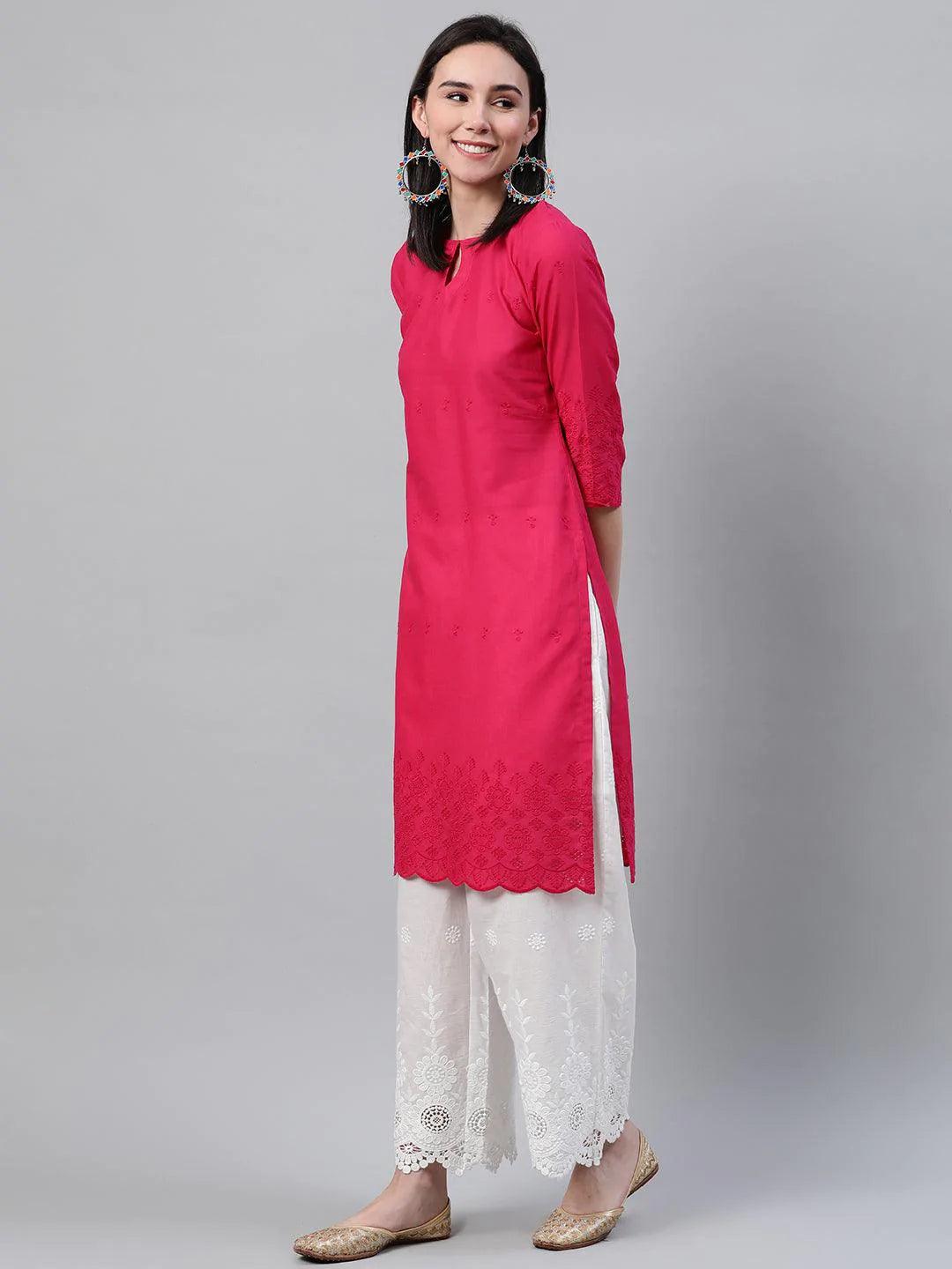 Pink Embroidered Cotton Kurta