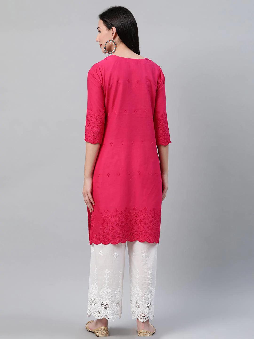 Pink Embroidered Cotton Kurta