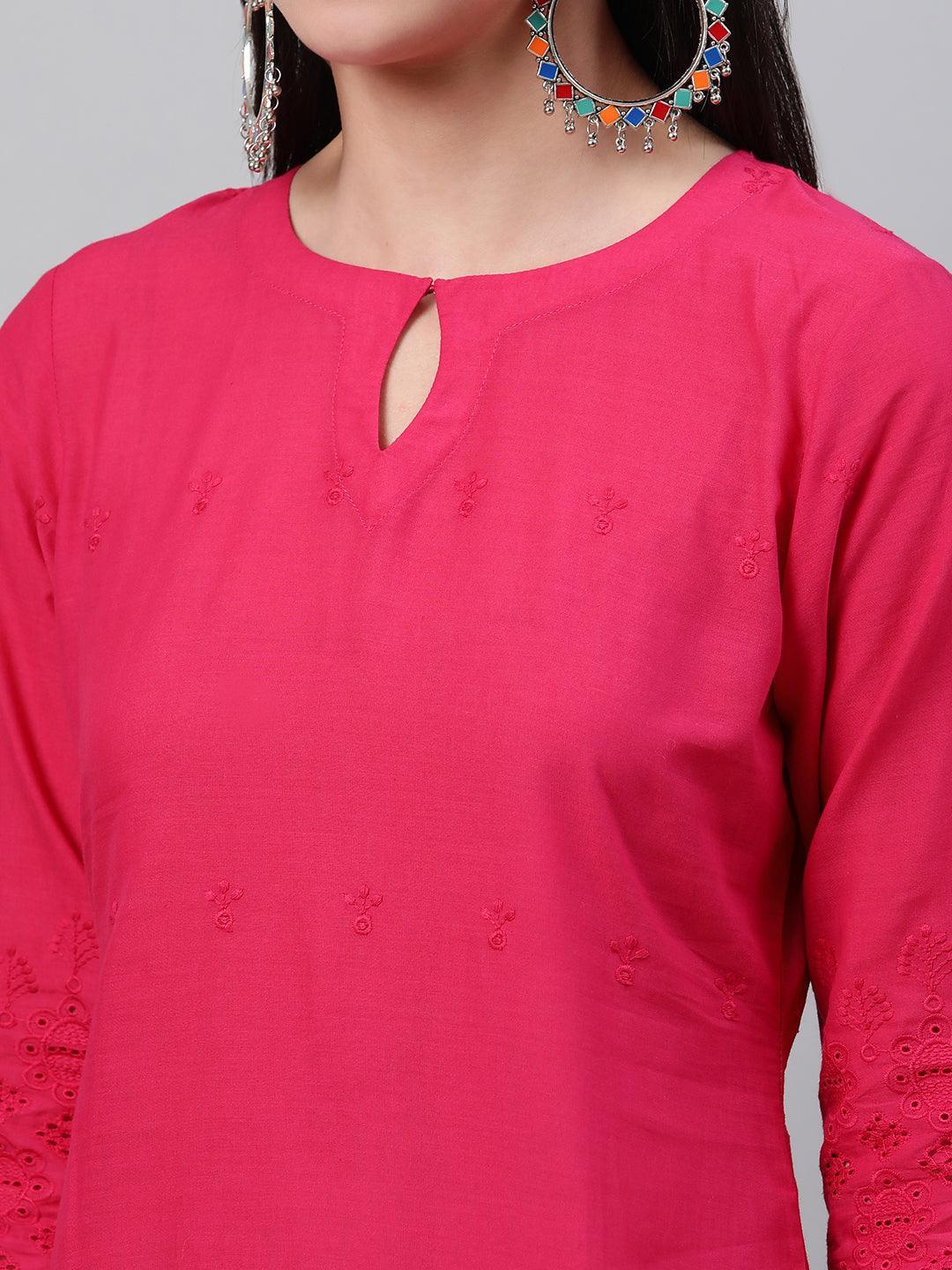 Pink Embroidered Cotton Kurta - ShopLibas