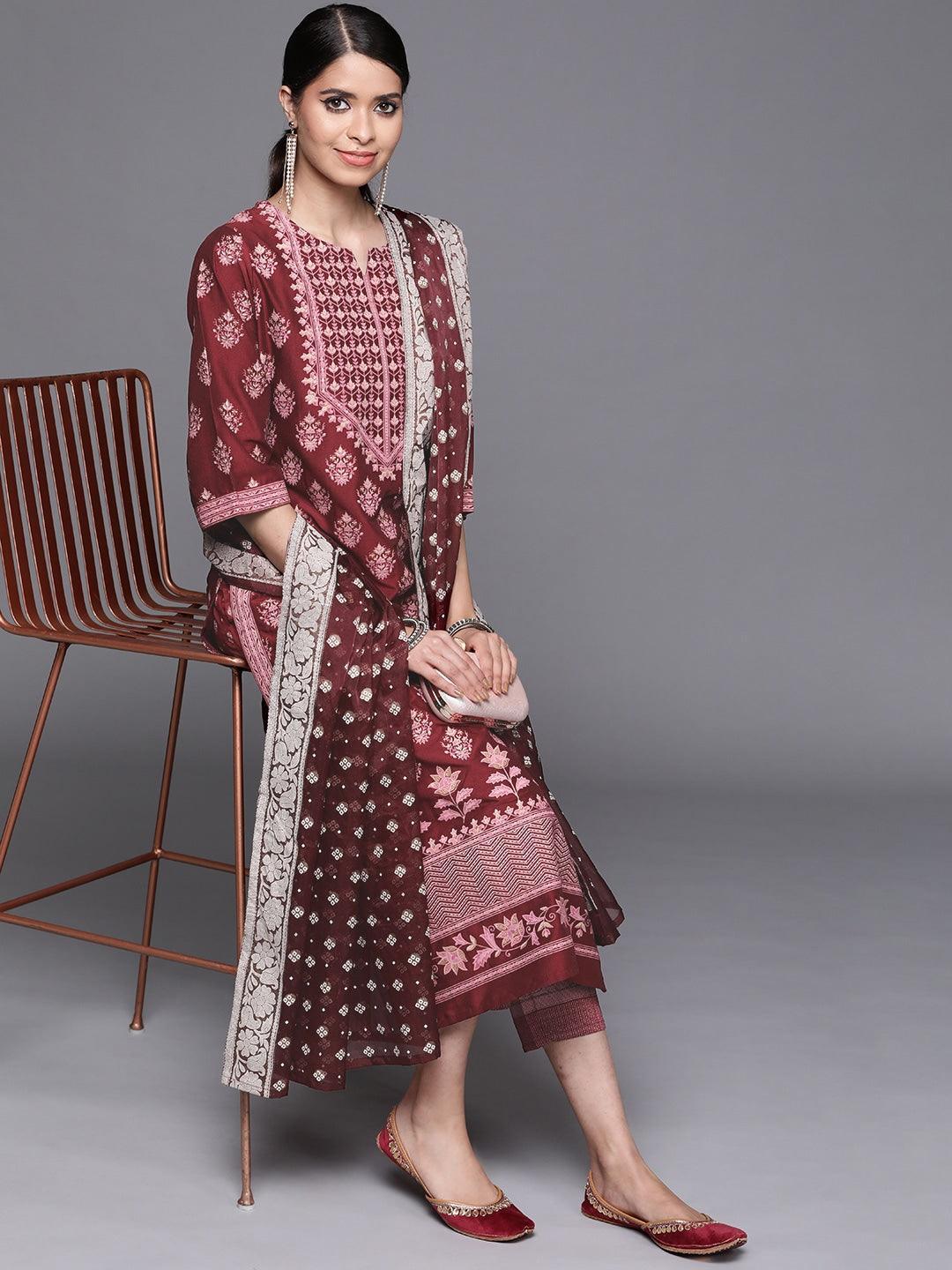 Maroon Printed Silk Blend Suit Set