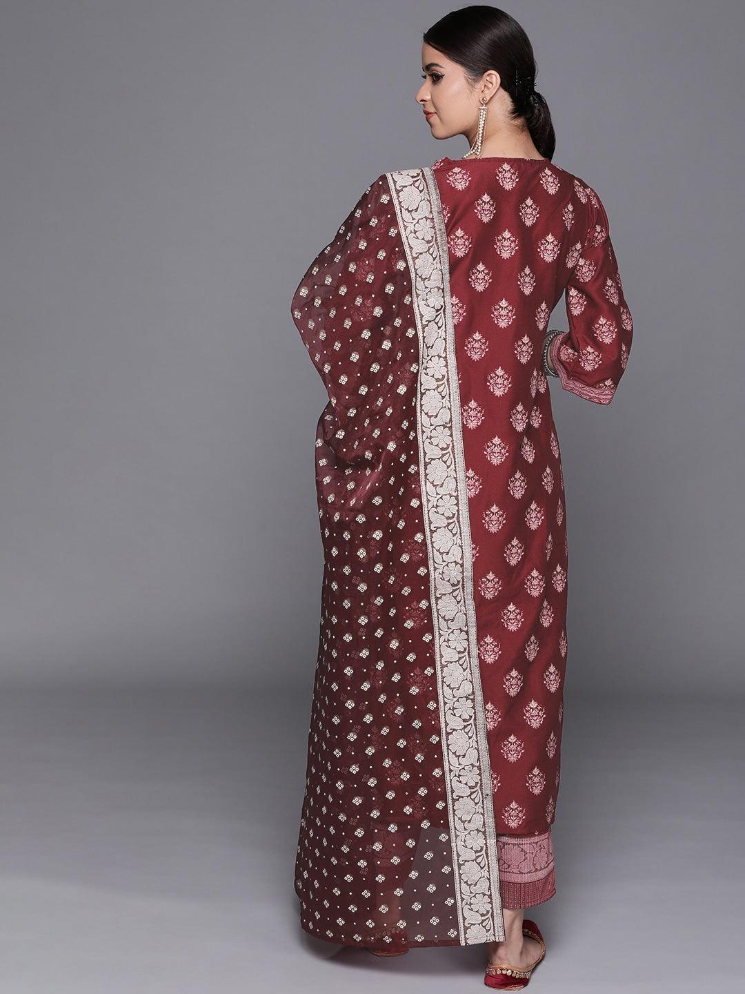 Maroon Printed Silk Blend Suit Set