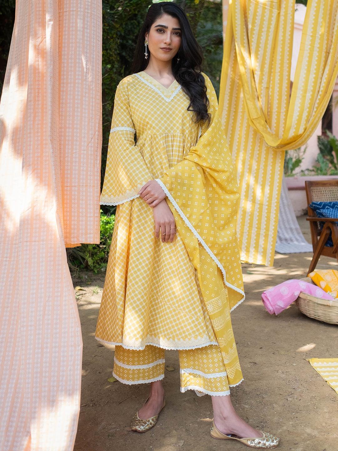 Yellow Printed Cotton Suit Set